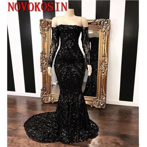New Vestidos Black Mermaid Prom Dresses 2019 Long Sleeve Off The Shoulder Sweep Strain Sequined Formal Evening Dress Party Gown