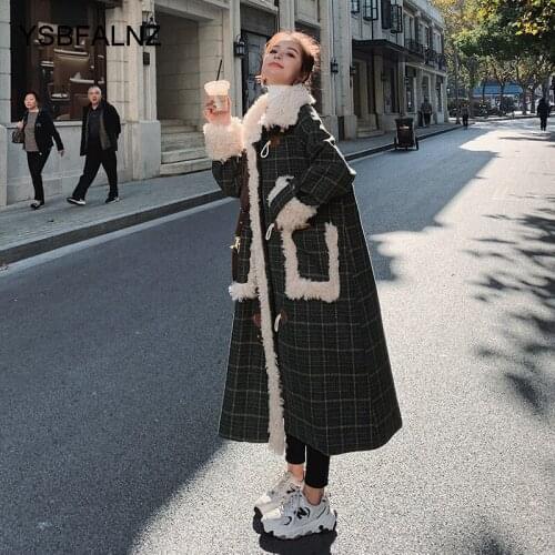2021 Elegant Winter Lady Woolen Blends Coats Womens Horn Button Green Plaid Outerwear Female Clothes Thick Warm Loose Oversize