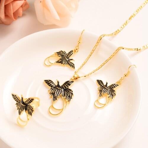 Gold color PNG Necklace pendant Earrings ring Set Women Party Gift african women Bird of Paradise wedding Jewelry girls charm