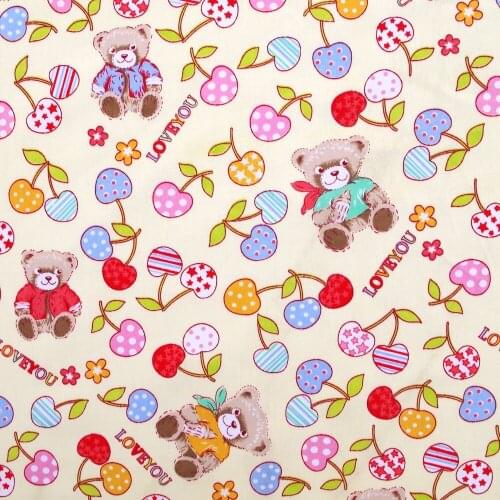 1 yard Cotton Twill Fabric for sewing pathwork, cloth, bedding - Bear and cherry (width=160cm)