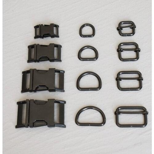 10 Sets 15/20/25/30mm Webbing Metal Black Strap Slider D Ring Release Belt Buckle For Dog Collar Paracord Sewing Accessory