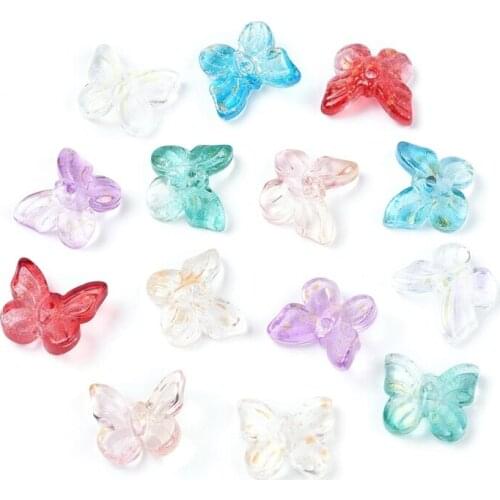 200PCS Electroplate Glass Beads, with Golden Foil, Butterfly, Mixed Color, 10x11x4mm, Hole: 1mm