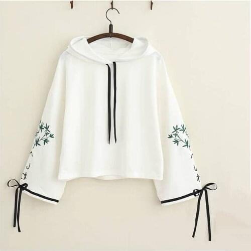 Japan Hooeded Sweatshirt Women Elegant Bamboo Embroidery Long Sleeve Pullover High Quality Kawaii Hoodies 2019 Cute Hoodie Girls