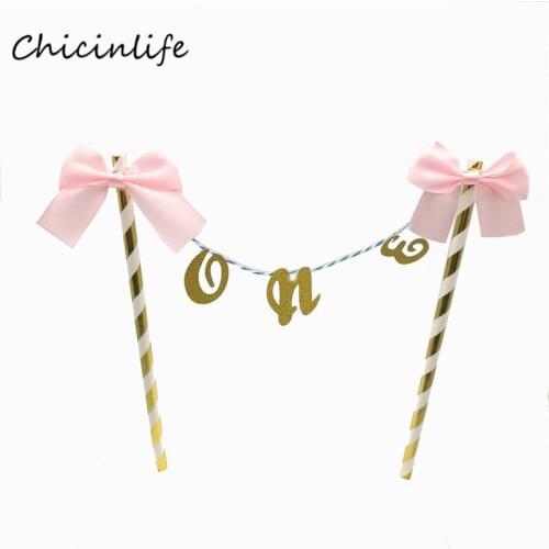 Chicinlife 1pcs Glitter One With pink blue Bow Cake Topper 1st Birthday Party Decoration Baby Shower Party Cake Decoration