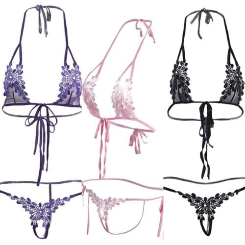 Women Sexy Erotic bra briefs lingerie set embroidery printing Hollow G-String lace Ultra-thin Sexy Perspective Bikini Sets New