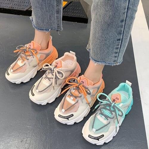 Women Vulcanized Shoes Mesh Thick Bottom Daddy Shoes Female Walking Running Sneakers Lace Up Patchwork Ladies Footwear Fashion