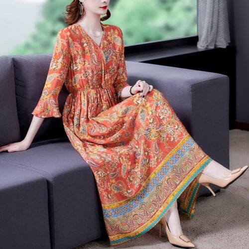 Summer Boho Print Mulberry Silk Beach Maxi Dress 2021 Casual Vintage 4XL Plus Size Dresses Women Elegant Bodycon Party Vestidos