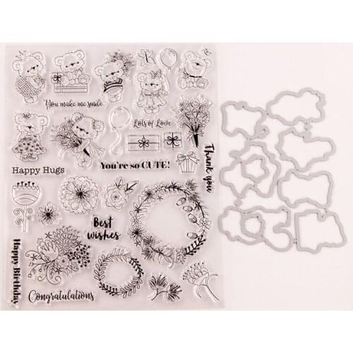Bear and Flower Metal Cutting Dies and Clear Stamps for Scrapbooking DIY Crafts Die Cut Stencils Card Make Photo Album Decor