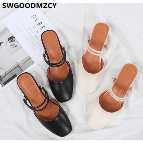Mules Shoes Women Leather Slippers High Heel Slippers Ladies Shoes Block Heel Shoes Fashion Cute Slippers Sepatu Wanita Ayakkabi