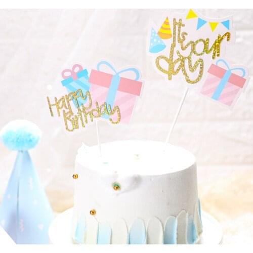 New Gift Box Happy Birthday Cupcake Topper Glitter Glod Texts Cake Topper For Kids Birthday Party Cake Decorations Baby Shower