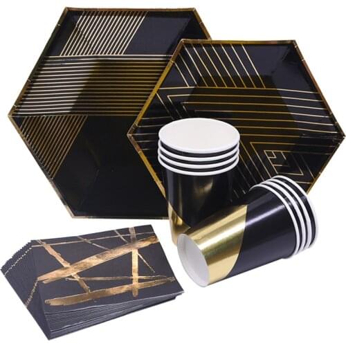 Black Series Gold Blocking Disposable Tableware Party Paper Plates Napkins Cups for Birthday Wedding Party Baby Shower Supplies