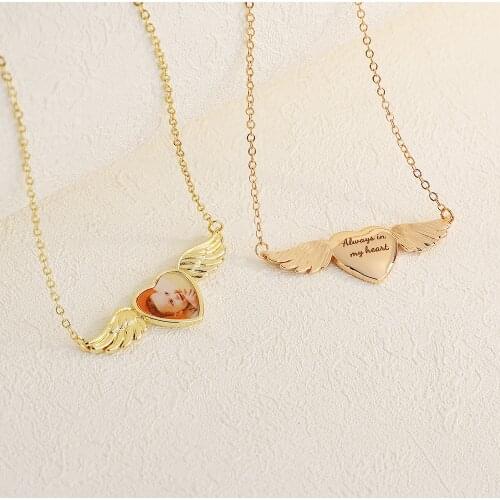 Personalized Heart & Angel Wing Necklace Custom Photo and Engraved Message Memorial Jewelry Gift Guardian Angel Photo 50+5cm
