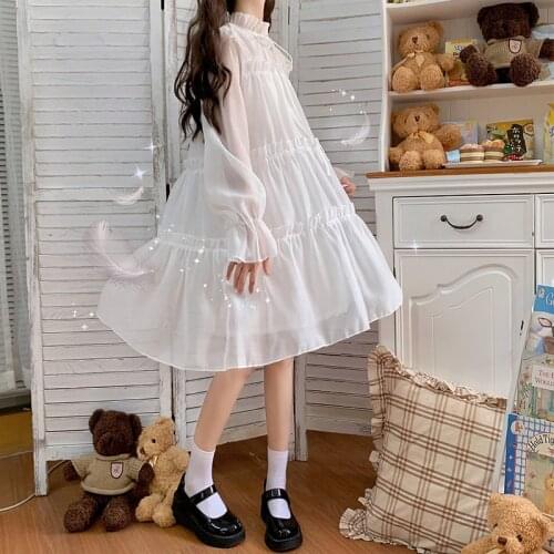 Japanese Style Sweet lolita dress Bell Sleeve Princess Dress Womens Autumn and Winter Loose All-Match Mid-Length Dress
