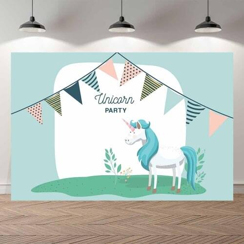 Seekpro Photography Background Happy birthday party cartoon unicorn green flag Backdrop Photo Background Photocall