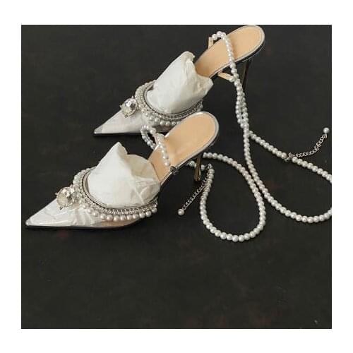 Dipsloot Hot Woman Fashion Clear PVC Diamond Pearls Slingback Pumps Female Cross Slip On Shallow Bling Crystal Wedding Shoes