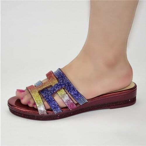 Wine With Rhinestones African Party Lady Medium Heel Casual Slippers Shoes 222-8 Heel Height 3.5CM