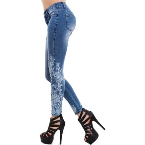 Stretch Embroidered Jeans For Women Elastic Flower Jeans Female Slim Denim Pants Pattern Jeans Pantalon Femme