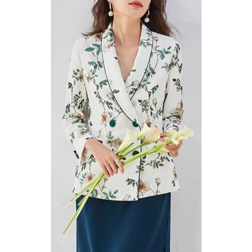 2021 Autumn Suit Jacket Fashion Design Flower Printed Long Sleeve Elegant Slim Office Lady Coat