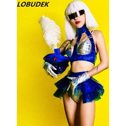 Female Soldiers Cosplay Costume Silver Blue Bikini Hat Dance Outfit Party Show Role-playing Performance Singer Dancer Stage Wear