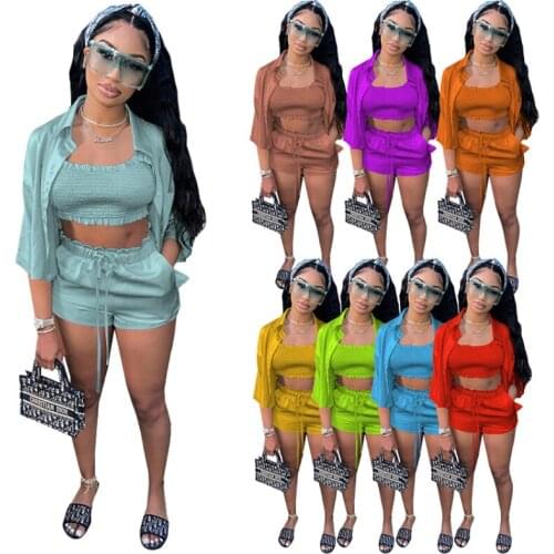 Women High Elastic Satin Wave Wrinkled Shirt Blouses + Crop Top + Shorts Match Set Female 3 Pieces Women Tracksuit Outfits