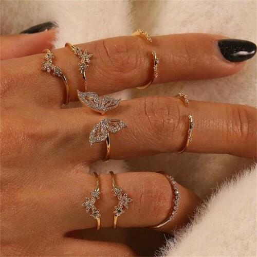 Boho Vintage Crystal Butterfly Punk Ring Set for Women Geometry Gold Star Charm Retro Knuckle Finger Ring Female Fashion Jewelry