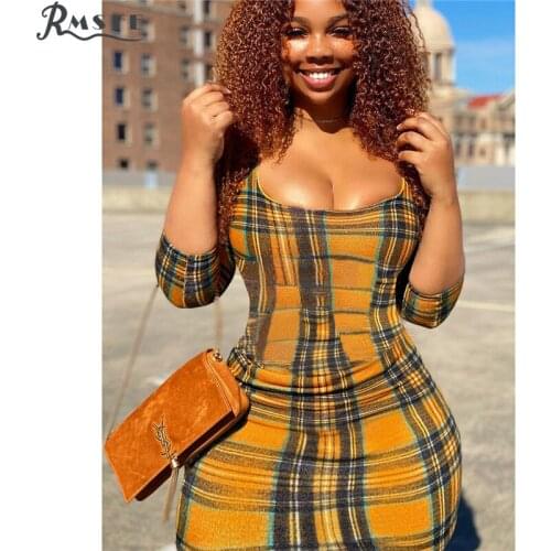 RMSFE 2021 European And American Womens 7 / 3 Sleeve U-Neck Tight Fashion Sexy Plaid Dress