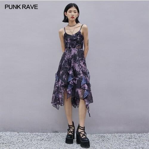 PUNK RAVE Womens Holiday Style Slings Dyed Chiffon Purple Sexy Print Dress Irregularly Hem V-neck Fairy Long Dress