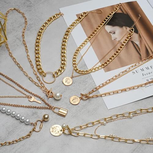 Fashion Vintage Multi-layer Pearl Necklaces For Women Gold Metal Portrait Hanging Necklaces 2021 Trend Female New Party Jewelry