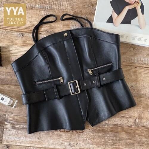 Fashion Women Genuine Leather Sheepskin Straps Vest Slim Sashes Tank Waistcoat Personality Motorcycle Sleeveless Short Jacket