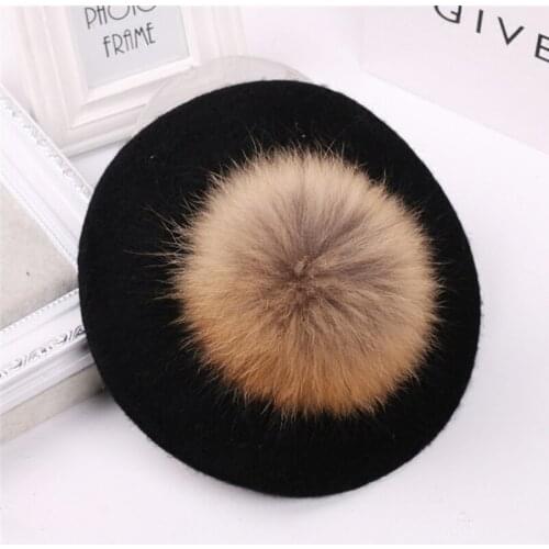 Winter hat women woolen solid color beret hat fashion warm and thick octagonal hat oversized fur ball painter hat