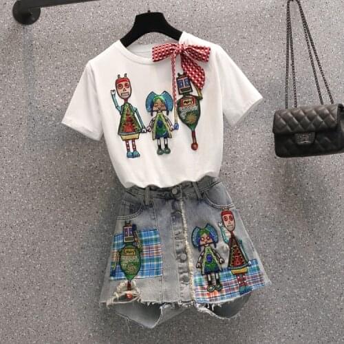 2021 Summer Women 2 Piece Sets Bow Cartoons Sequined Embroidery Short Sleeve Cotton T-shirt + Denim Shorts Casual Outfit