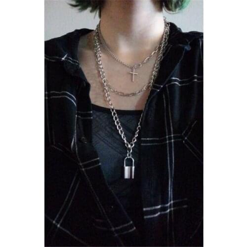 2021 new punk layered chain cross lock necklaces for women hip hop rock goth blade dog tag necklace jewelry for men fi007