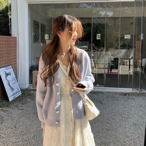 2021 Autumn Korean Version Of The New Womens Knitted Sweater Wild Loose V-neck Solid Color Single-breasted Casual Qm