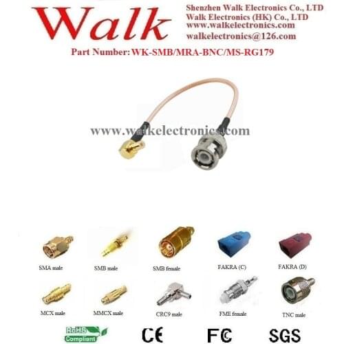 75 ohm SMB male BNC male rg179 cable, BNC SMB rg179 cable, SMB male right angle connector cable