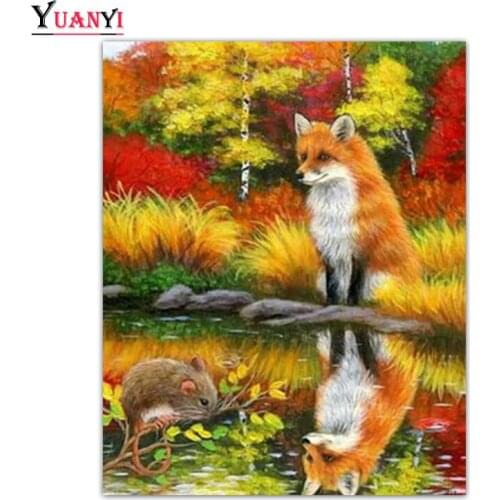 Full Square Diamond Mosaic Forest Fox 5D DIY Diamond Painting Full Round Diamond Embroidery Cross Stitch River Animal Home Decor