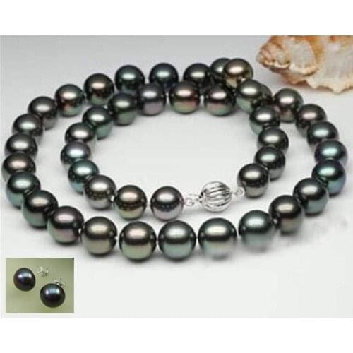 Free shipping 8-9mm Tahitian Black Natural Pearl Necklace earring gift