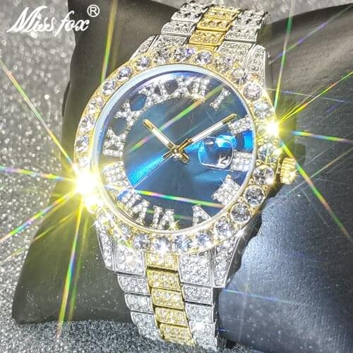 Hip Hop MISSFOX Classic Top Brand Luxury Mens Iced Out Watches Blue Dial Bling Quartz Wristwatches Unusual Shiny Watch Jewelry