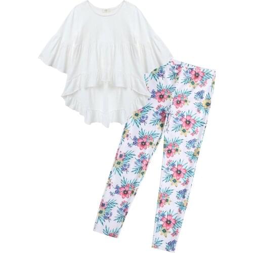 Kids Girls Fashion Summer Outfits Flared Sleeve High-low Hem Ruffle Hem Tops with Printed Stretchy Leggings Pants Casual Wear