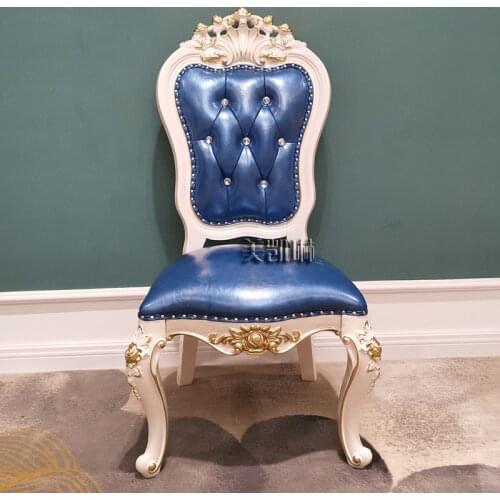 European-style White Solid Wood Double-sided Carved Dining Chair Imported First Layer Cowhide Chair