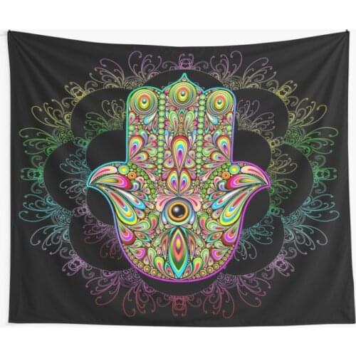 Hamsa Fatma Hand Psychedelic Amulet Wall Tapestry Cover Beach Towel Throw Blanket Picnic Yoga Mat Home Decoration