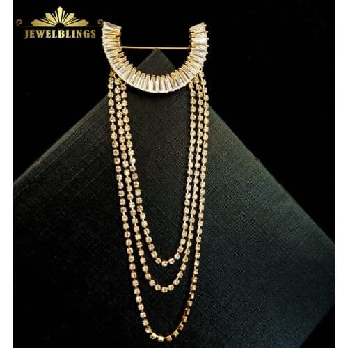 Classic Triple Tassel Baguette Cut CZ Crescent Moon Brooches Gold Tone Half Moon & Tassel Drop Pins Women Corsage Badge Jewelry