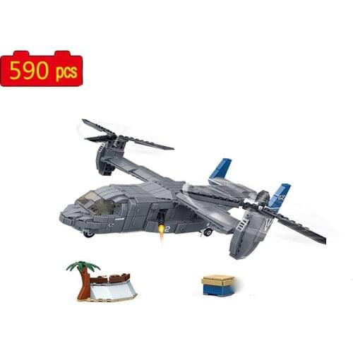 Military series WWII twin propeller vertical take-off and landing V22 fighter DIY model Building Blocks Bricks Toys Gifts
