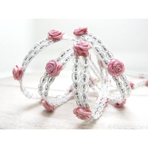 2 Yards Woven Rococo Ribbon Trim with Pink Rose Flower Buds|Decorative Floral Ribbon|Scrapbook Materials|Craft Supplies