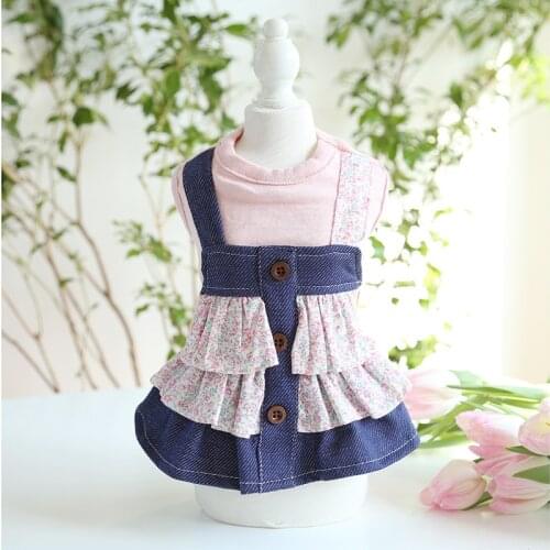 Summer Pink Color Xs-xl Sizes Floral Printing Denim Dog Skirt Fashion Trendy Dog Cat Dress Small Dog Dress Dog Pet Clothes