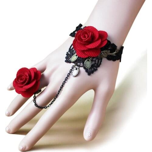 Hot Sale Black Lace with Red Flowers Gothic Bracelet for Women