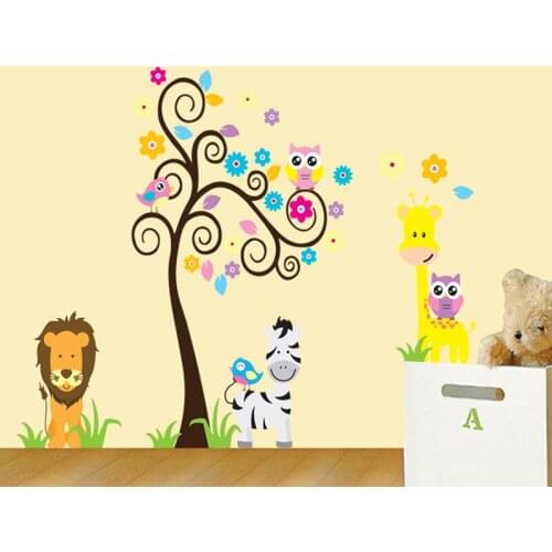 Cartoon Animal Zoo Owls Lion Giraffe Trees Wall Decal Stickers DIY Kids Room Decoration Wall Sticker Removable Vinyl Wallpaper