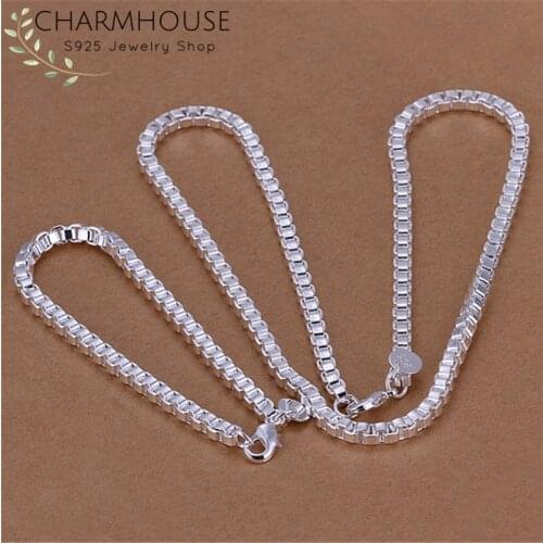 Charmhouse Silver 925 Jewelry Sets For Men 4mm Box Chain Necklace Bracelet Collier Pulseira 2Pcs Costume Jewelery Set Bijoux