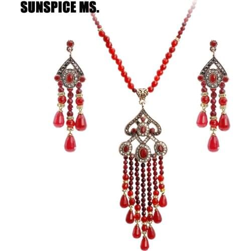 Bohemia Natural Stone Bead Wedding Jewelry Sets Antique Gold Color Long Tassel Drop Earrings Flower Pendant Necklace Turkish New