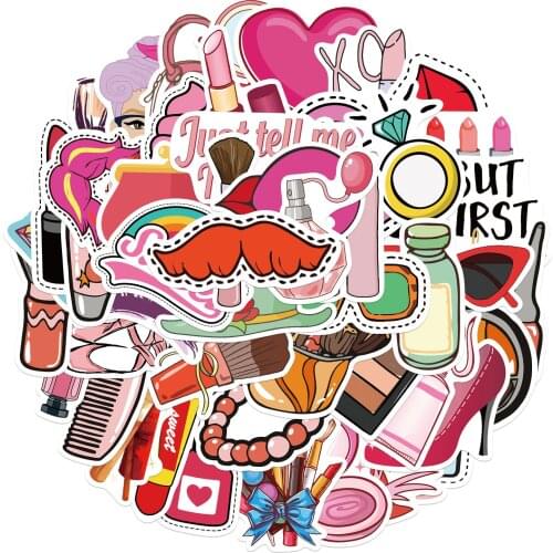 25/50PCS Pretty Girl Cosmetic Sticker Decal Lipstick Perfume High Heels Pattern DIY for Laptop Luggage Suitcase Cute Stickers