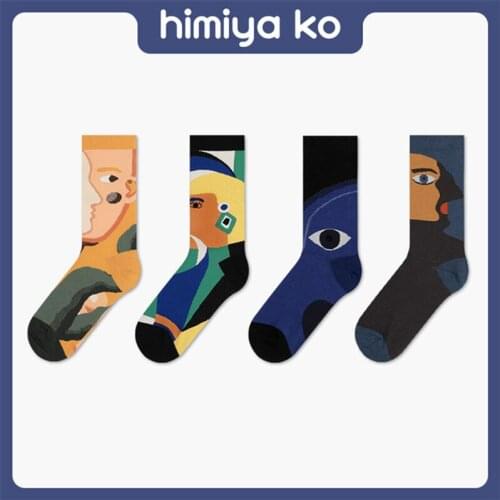 2021 New Qianmian Series Women Middle Tube Socks Face Art Oil Painting Harajuku Street Fashion